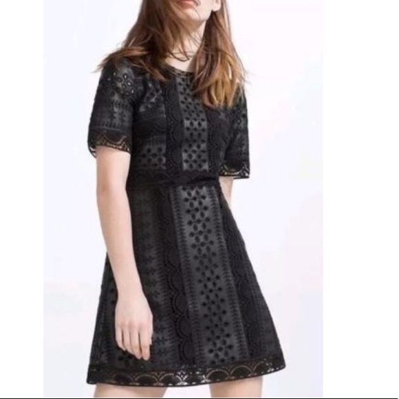 095. Zara Black Crochet Faux Leather Short Sleeve Dress - Picture 4 of 17